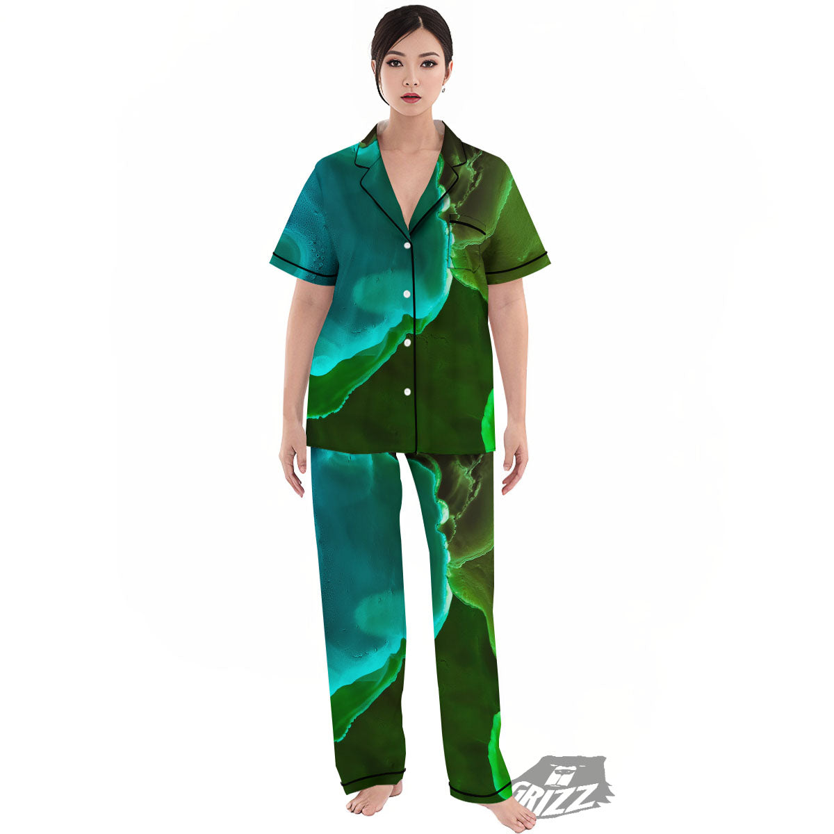 Acid Melt Green And Turquoise Print Women's Pajamas Set-grizzshop