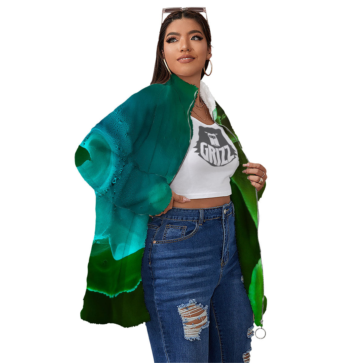 Acid Melt Green And Turquoise Print Women's Sherpa Jacket-grizzshop