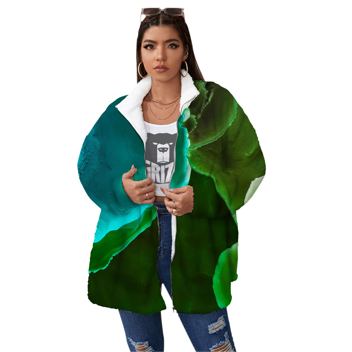 Acid Melt Green And Turquoise Print Women's Sherpa Jacket-grizzshop