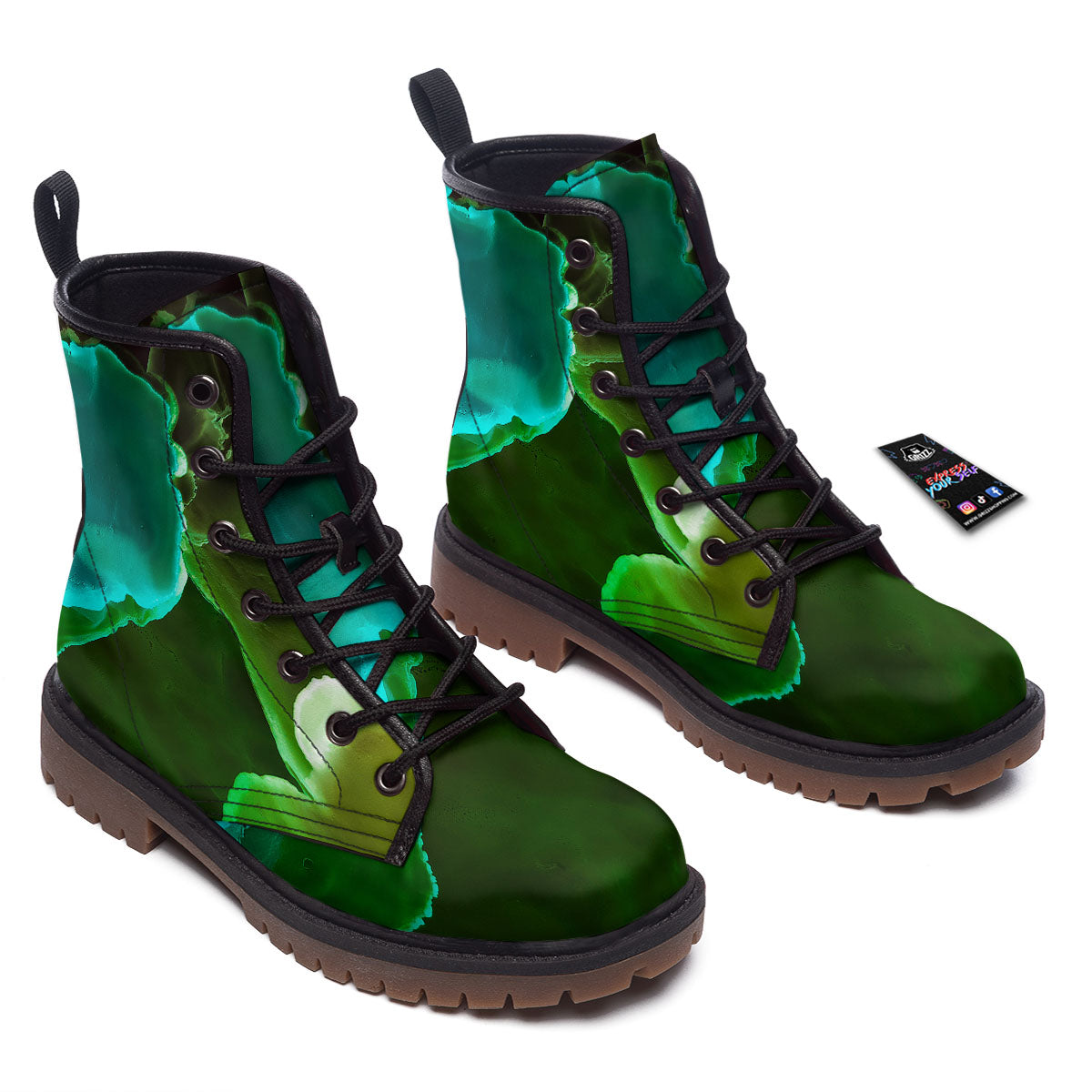 Acid Melt Green And Turquoise Print Work Boots-grizzshop