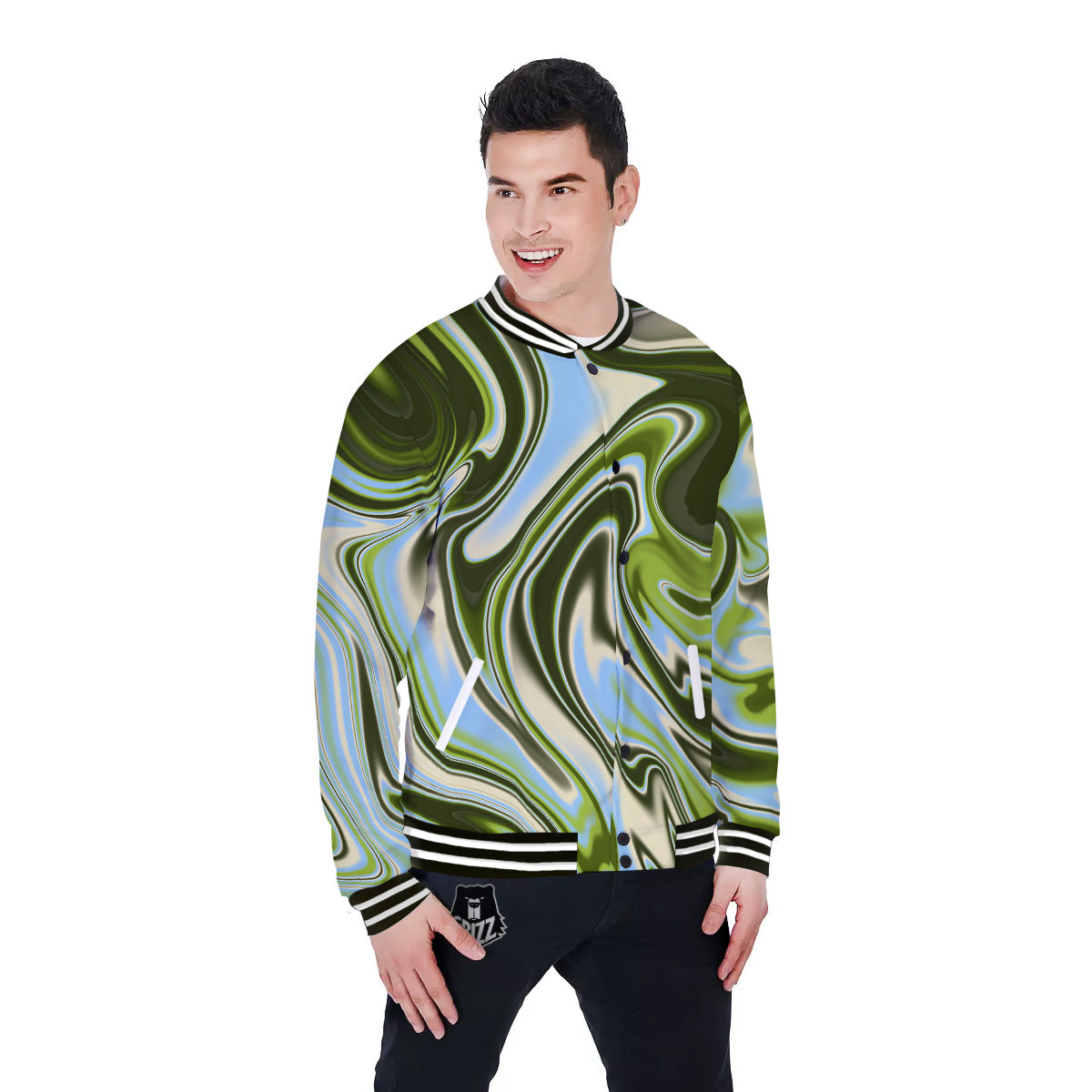 Acid Melt Green Print Baseball Jacket-grizzshop