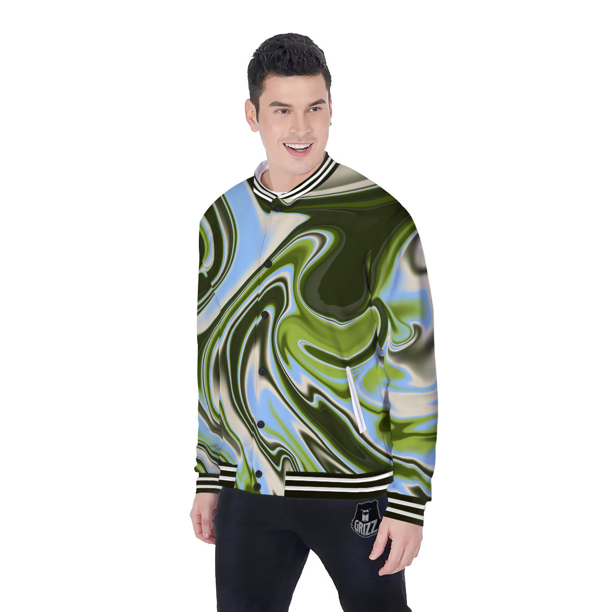Acid Melt Green Print Baseball Jacket-grizzshop