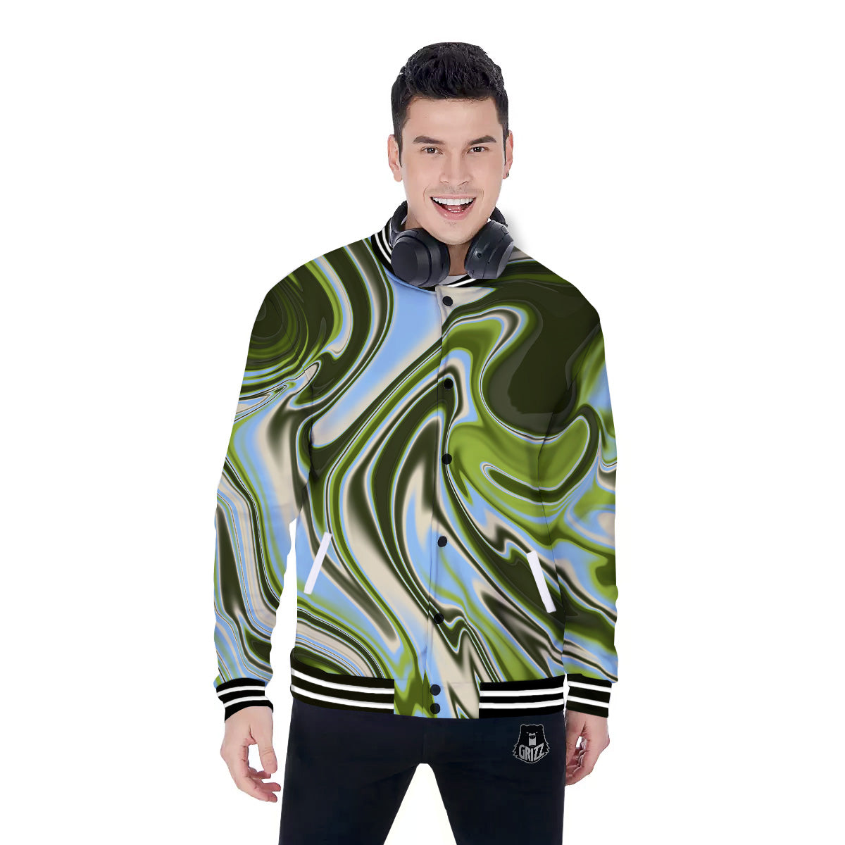 Acid Melt Green Print Baseball Jacket-grizzshop