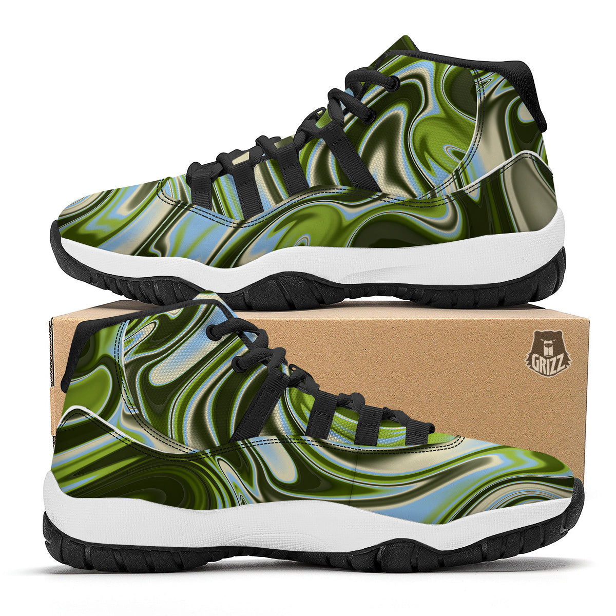 Acid Melt Green Print Black Bball Shoes-grizzshop