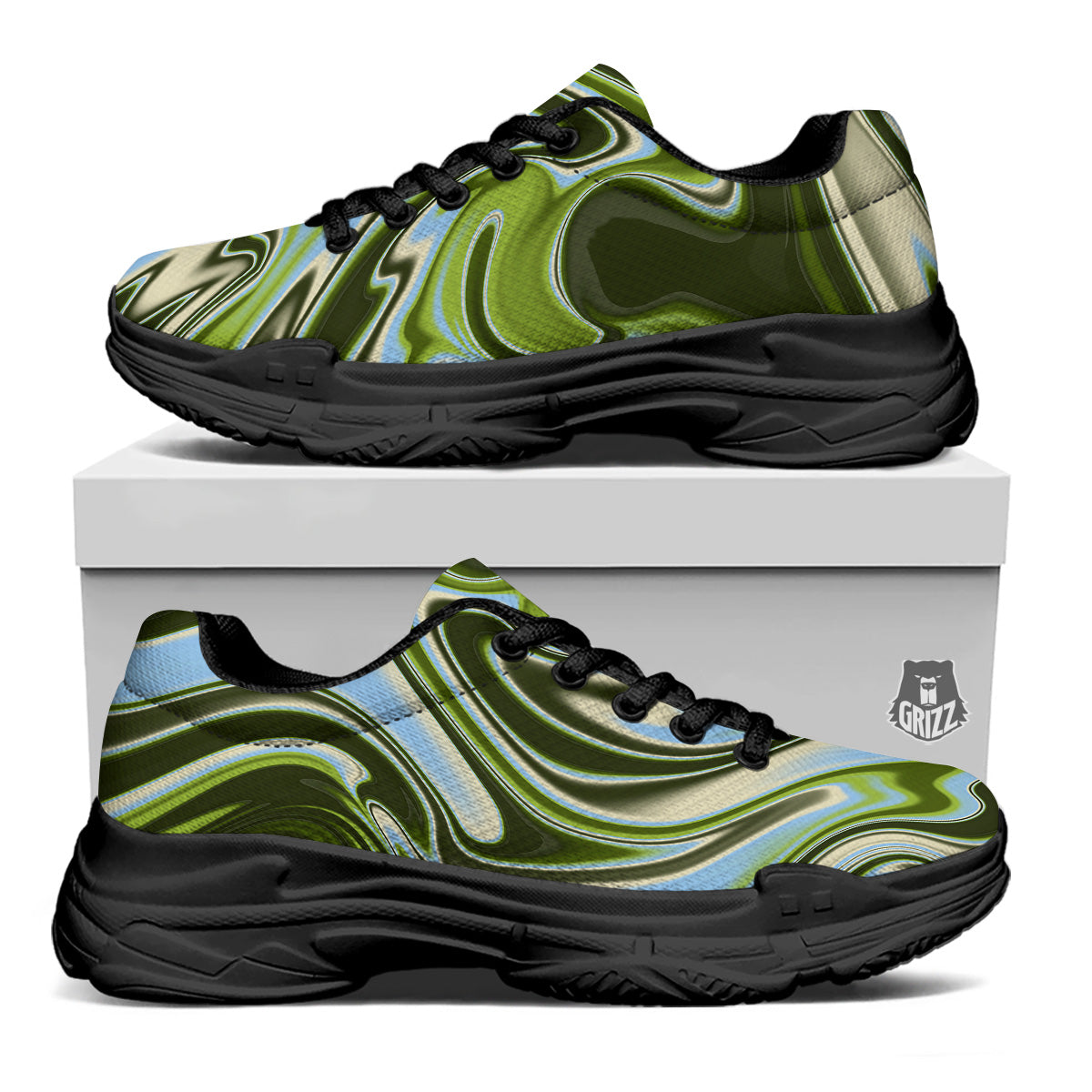 Acid Melt Green Print Black Chunky Shoes-grizzshop