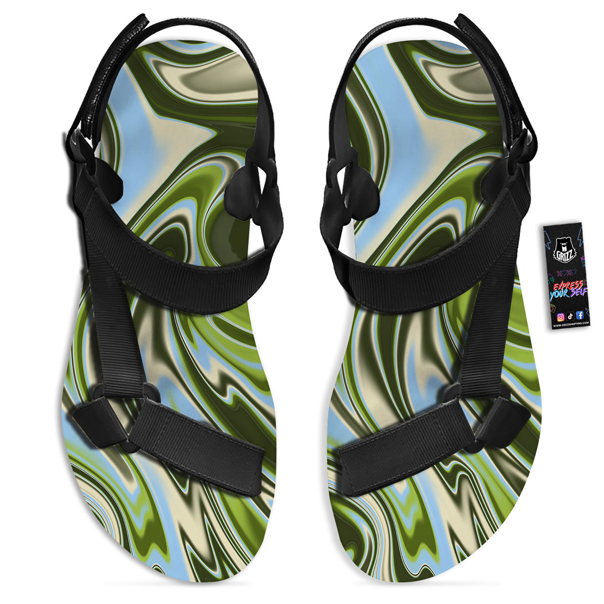 Acid Melt Green Print Black Open Toe Sandals-grizzshop