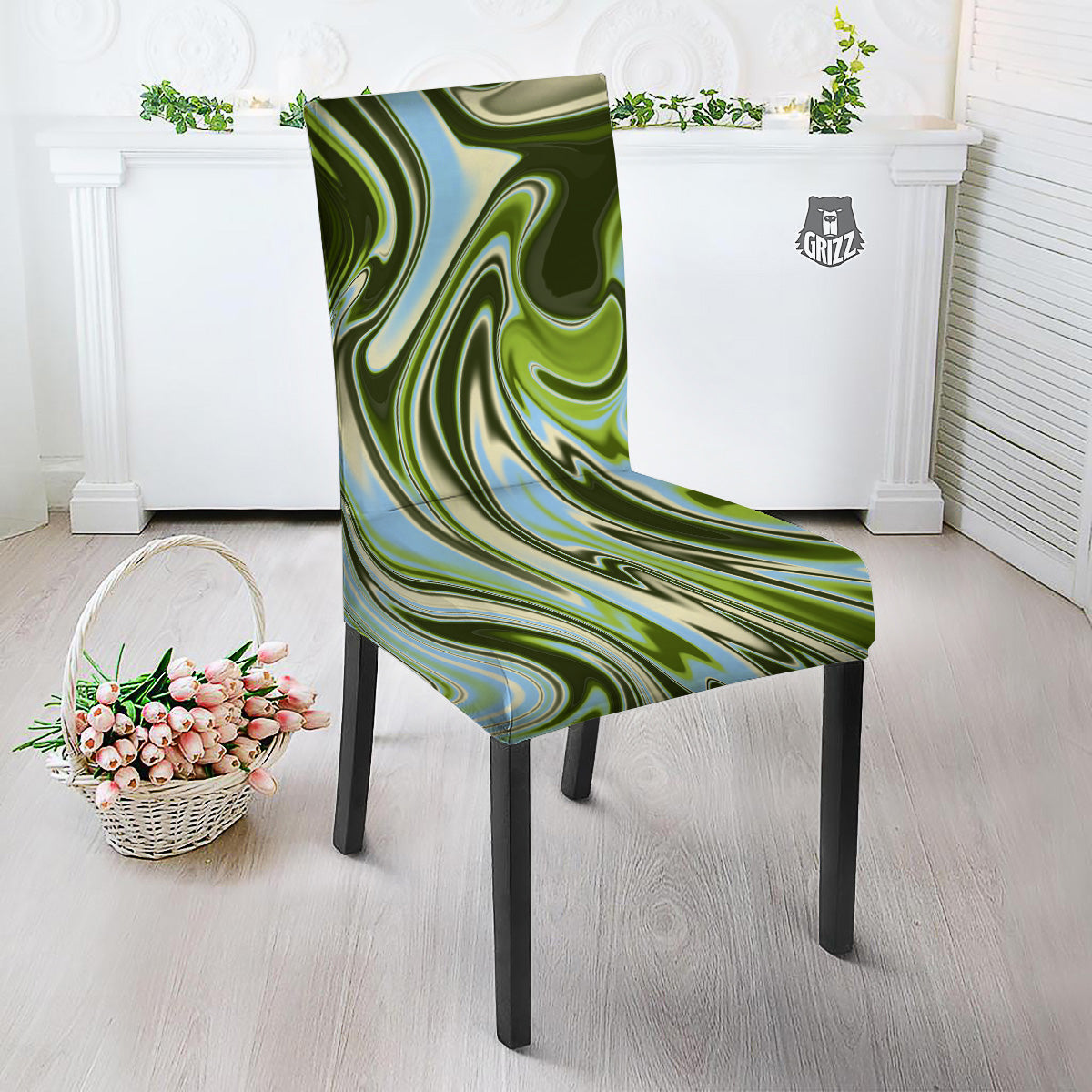Acid Melt Green Print Dining Chair Slipcover-grizzshop