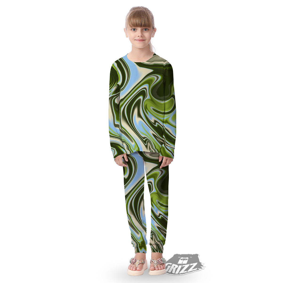 Acid Melt Green Print Kid's Pajamas-grizzshop