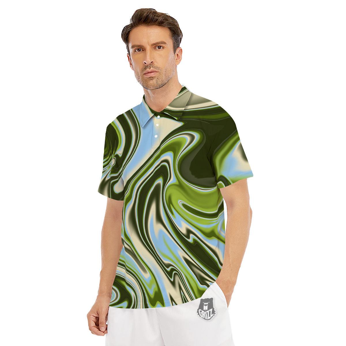 Acid Melt Green Print Men's Golf Shirts-grizzshop