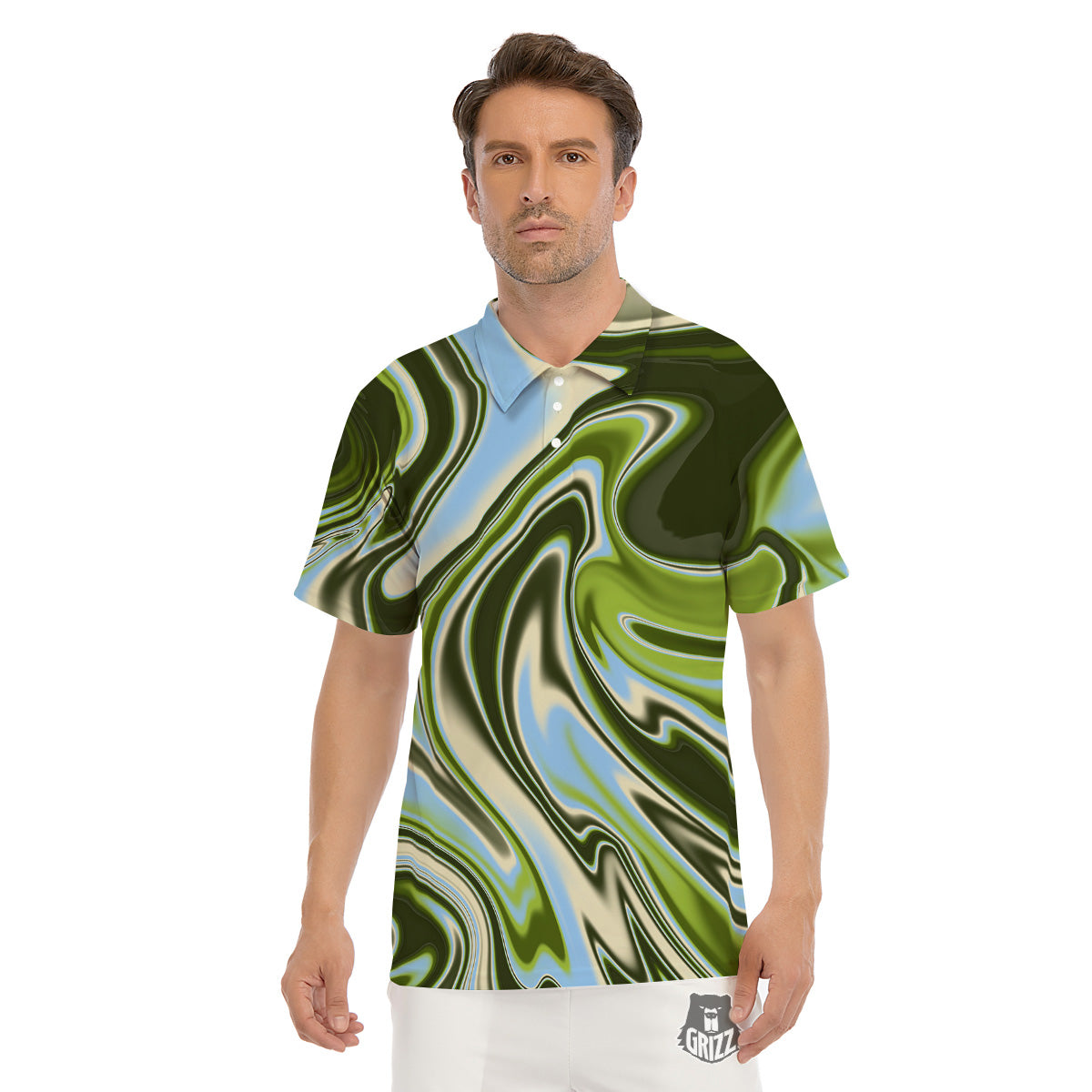 Acid Melt Green Print Men's Golf Shirts-grizzshop