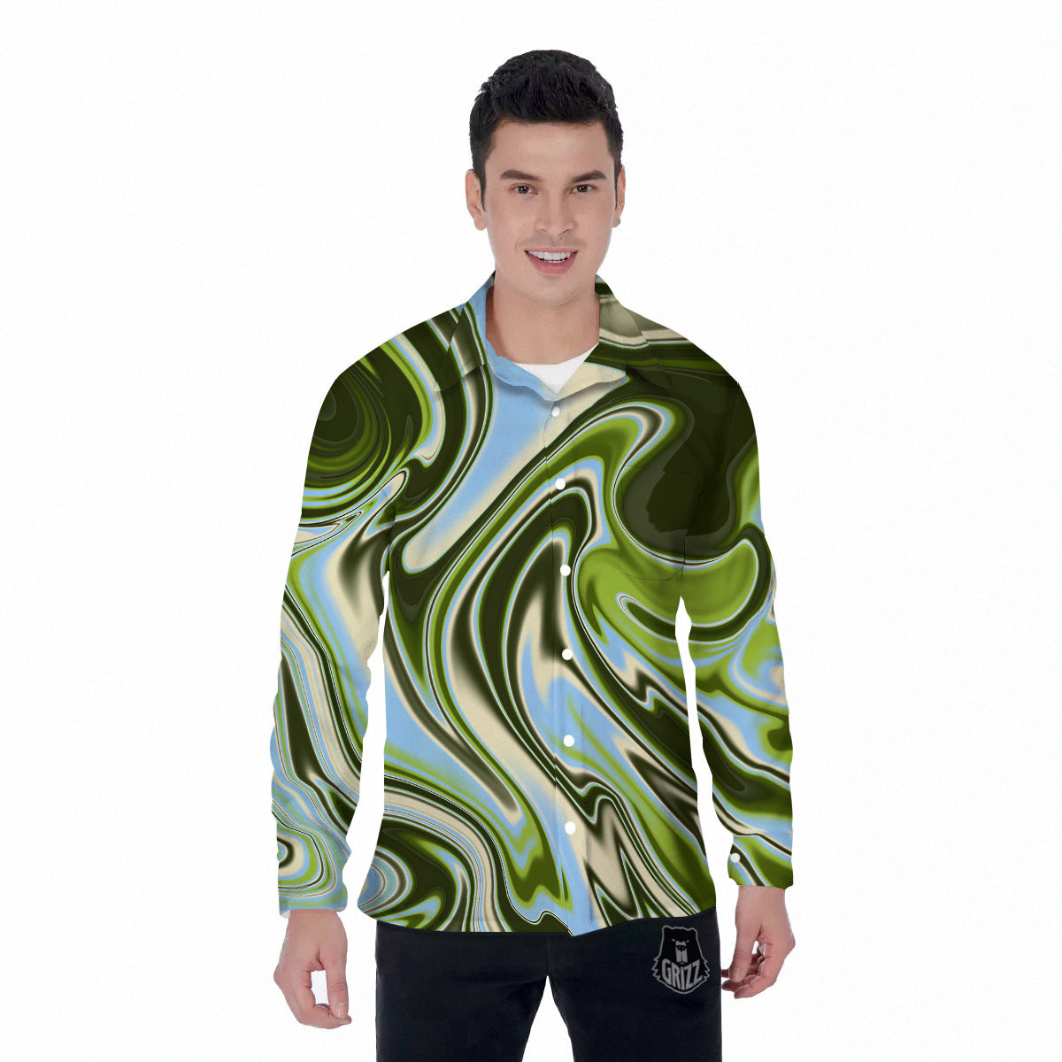 Acid Melt Green Print Men's Long Sleeve Shirts-grizzshop
