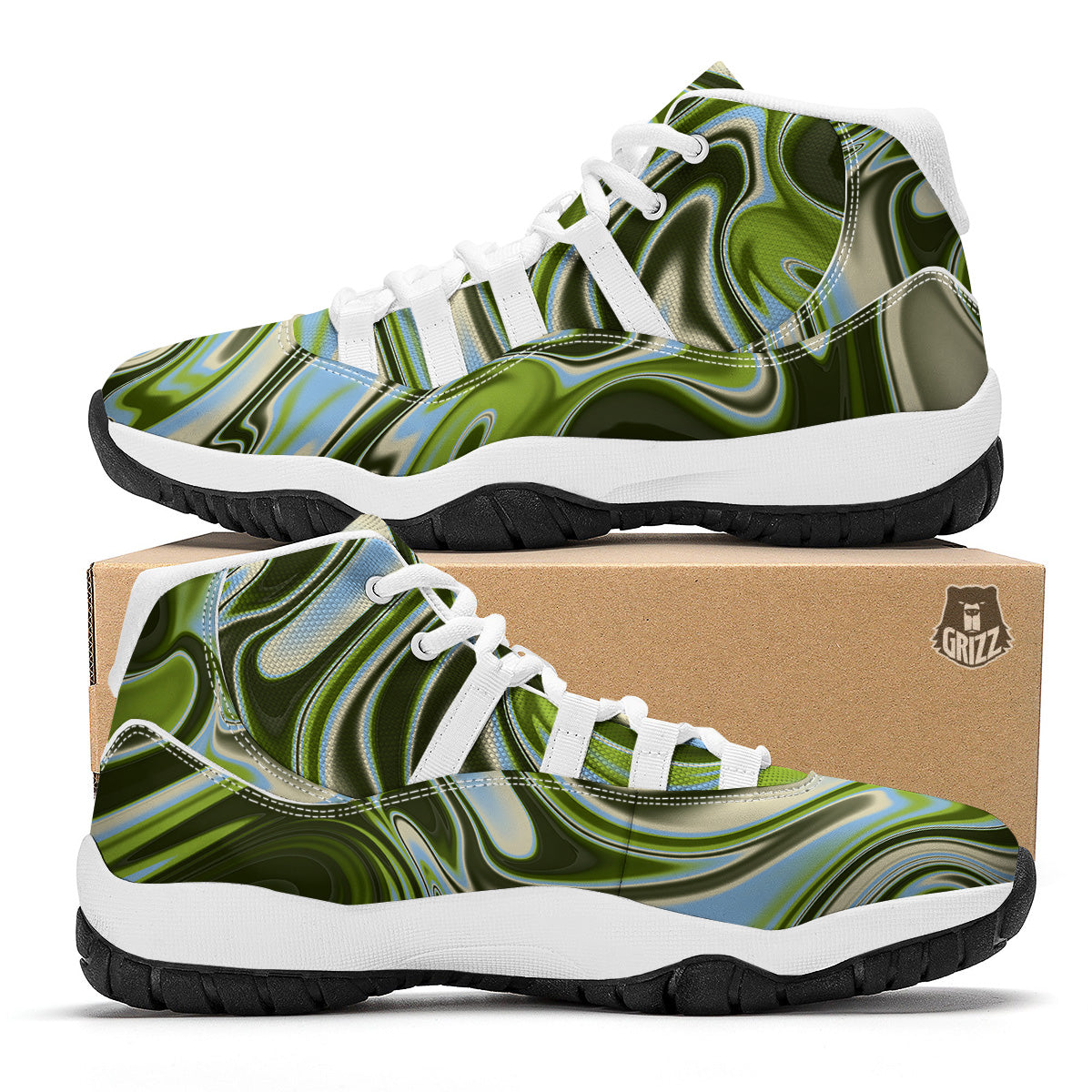 Acid Melt Green Print White Bball Shoes-grizzshop