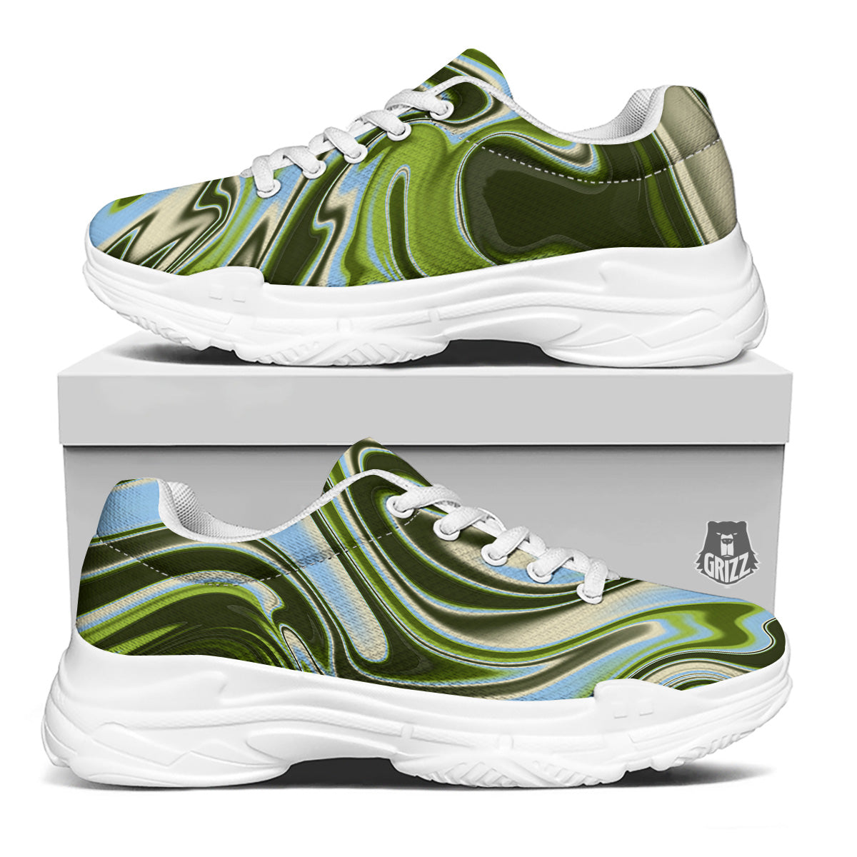 Acid Melt Green Print White Chunky Shoes-grizzshop