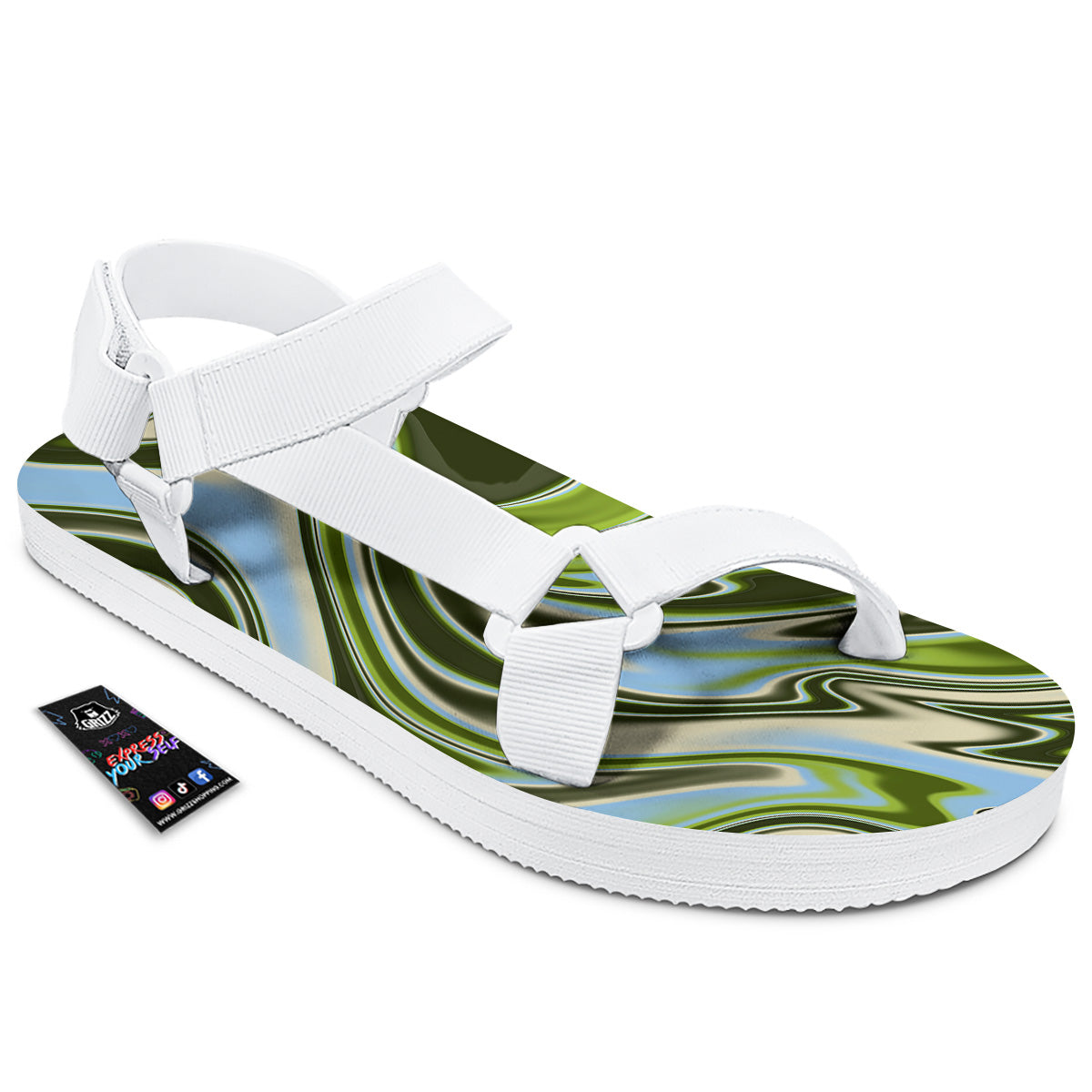 Acid Melt Green Print White Open Toe Sandals-grizzshop