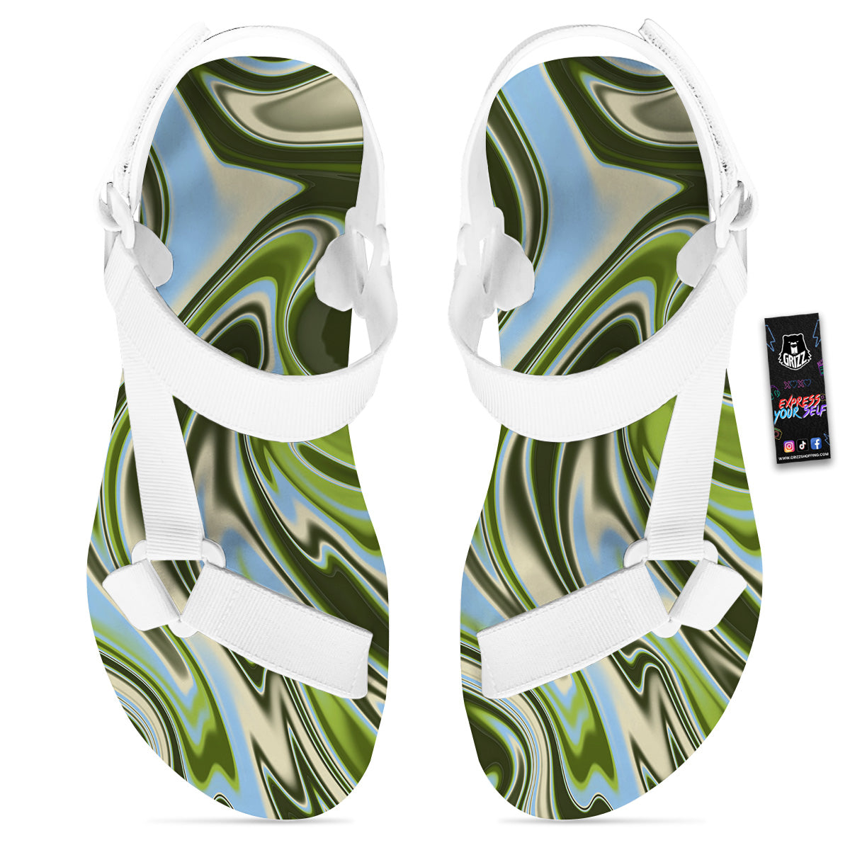 Acid Melt Green Print White Open Toe Sandals-grizzshop