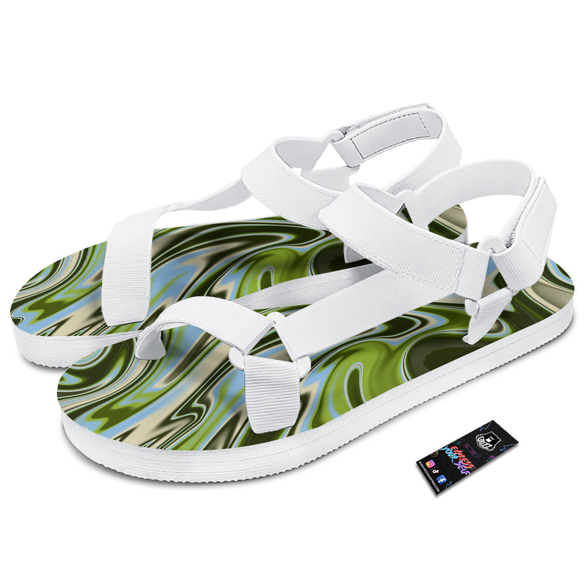 Acid Melt Green Print White Open Toe Sandals-grizzshop