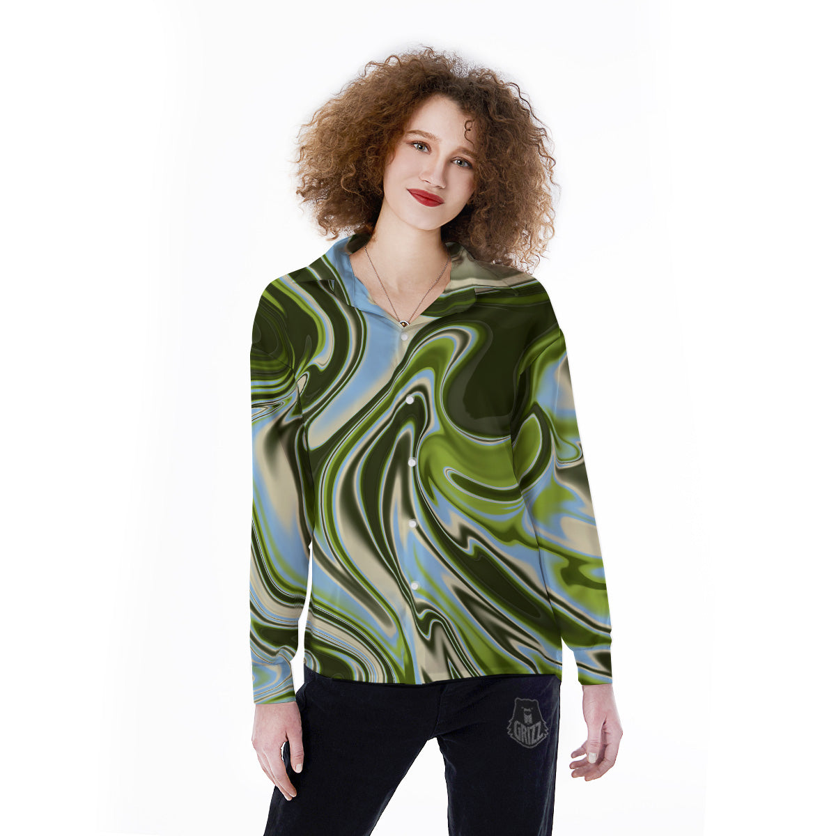 Acid Melt Green Print Women's Long Sleeve Shirts-grizzshop