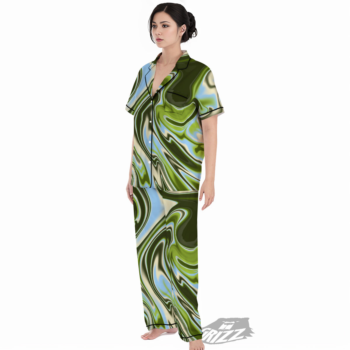 Acid Melt Green Print Women's Pajamas Set-grizzshop