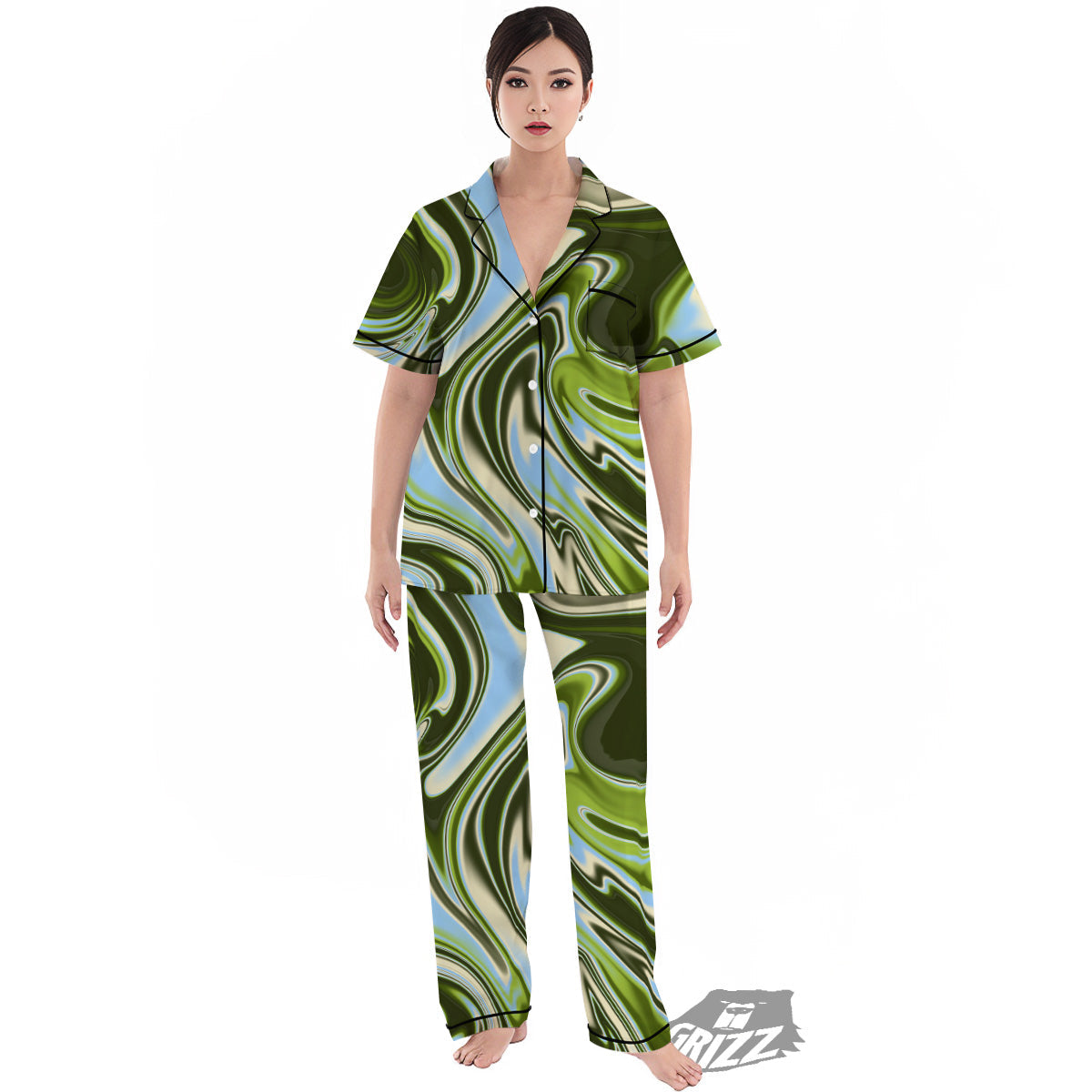 Acid Melt Green Print Women's Pajamas Set-grizzshop