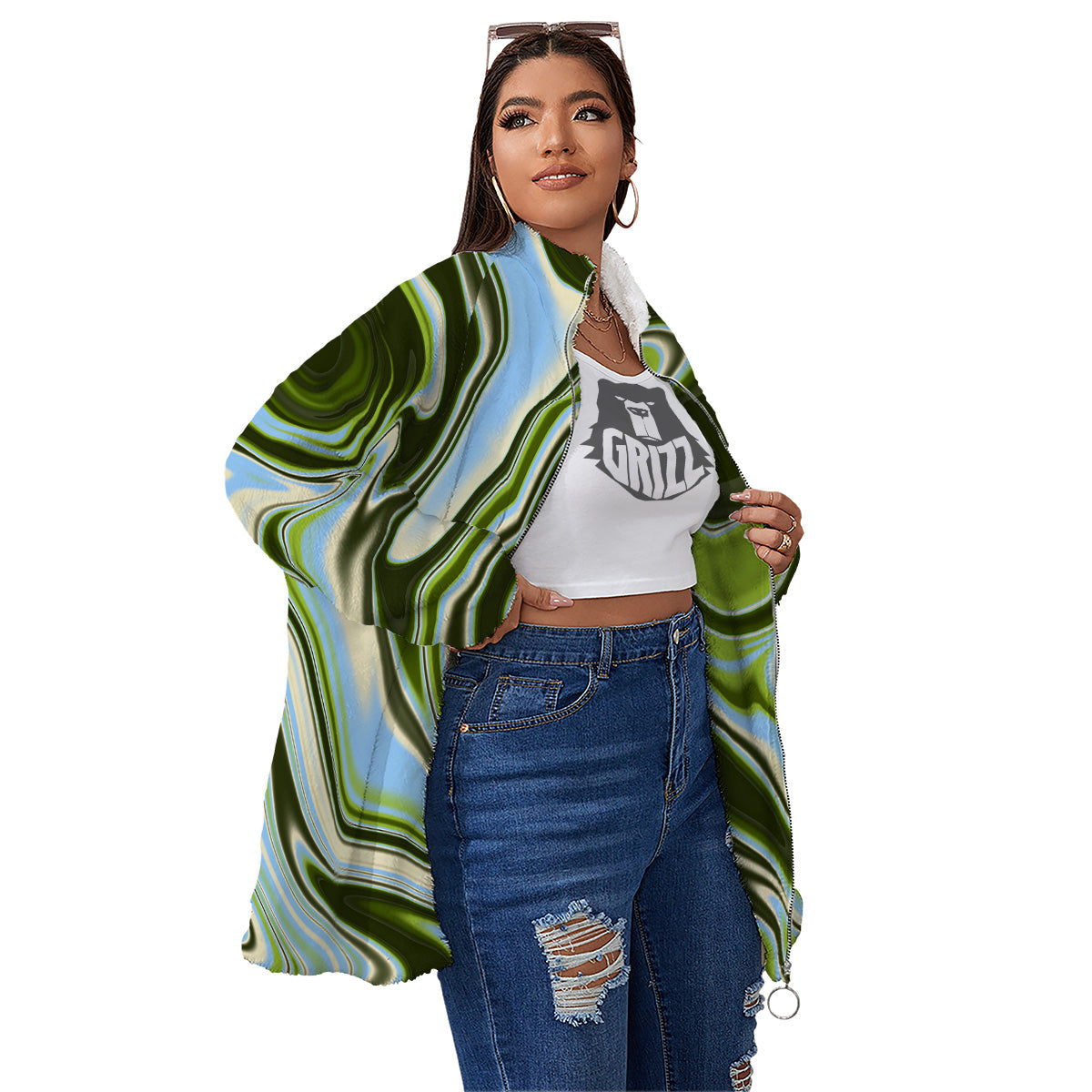 Acid Melt Green Print Women's Sherpa Jacket-grizzshop