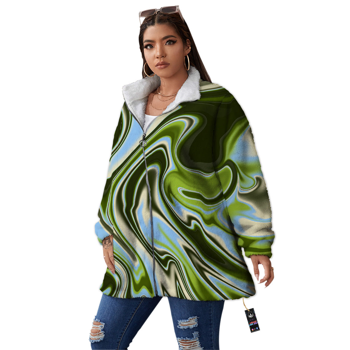 Acid Melt Green Print Women's Sherpa Jacket-grizzshop
