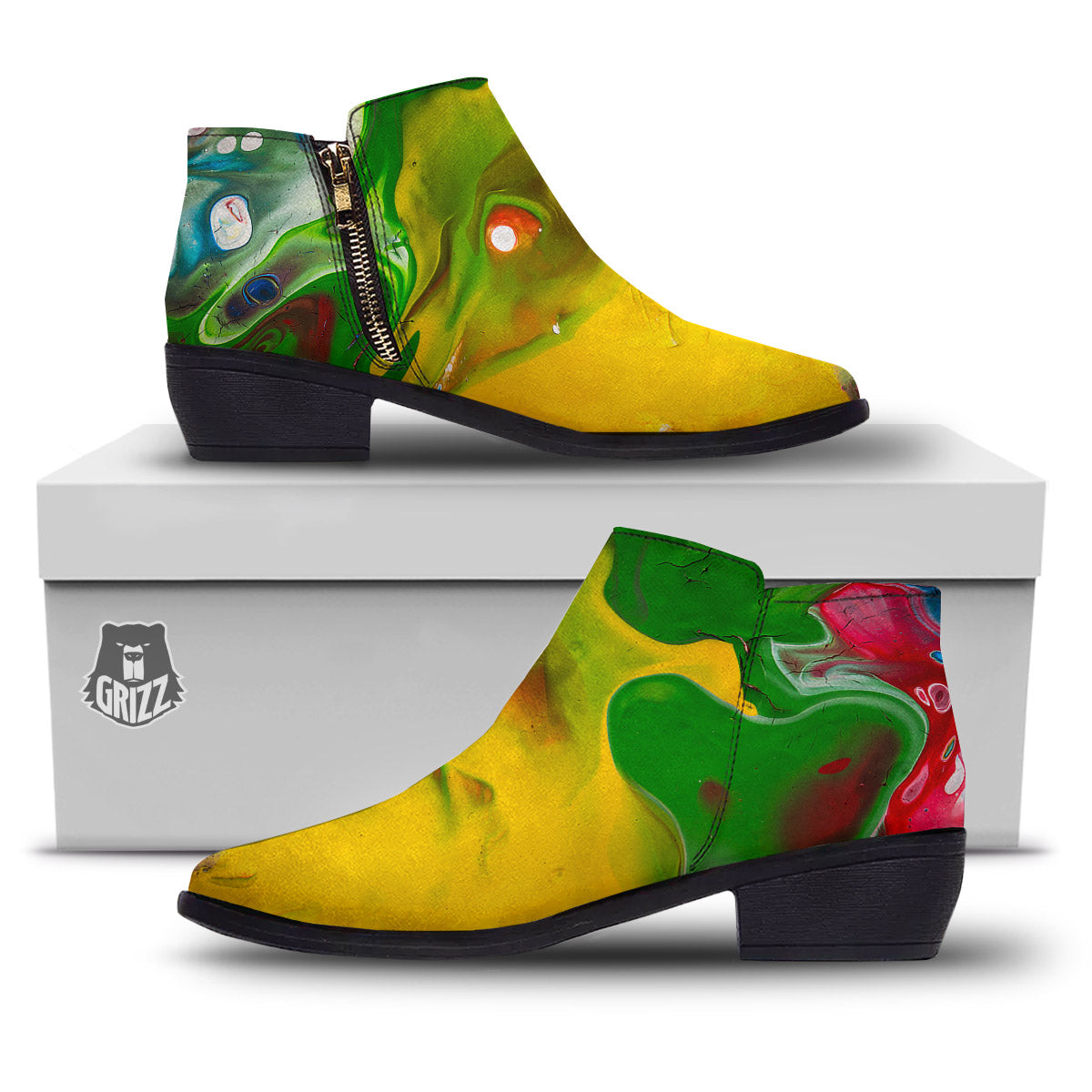 Acid Melt Yellow And Green Print Ankle Boots-grizzshop