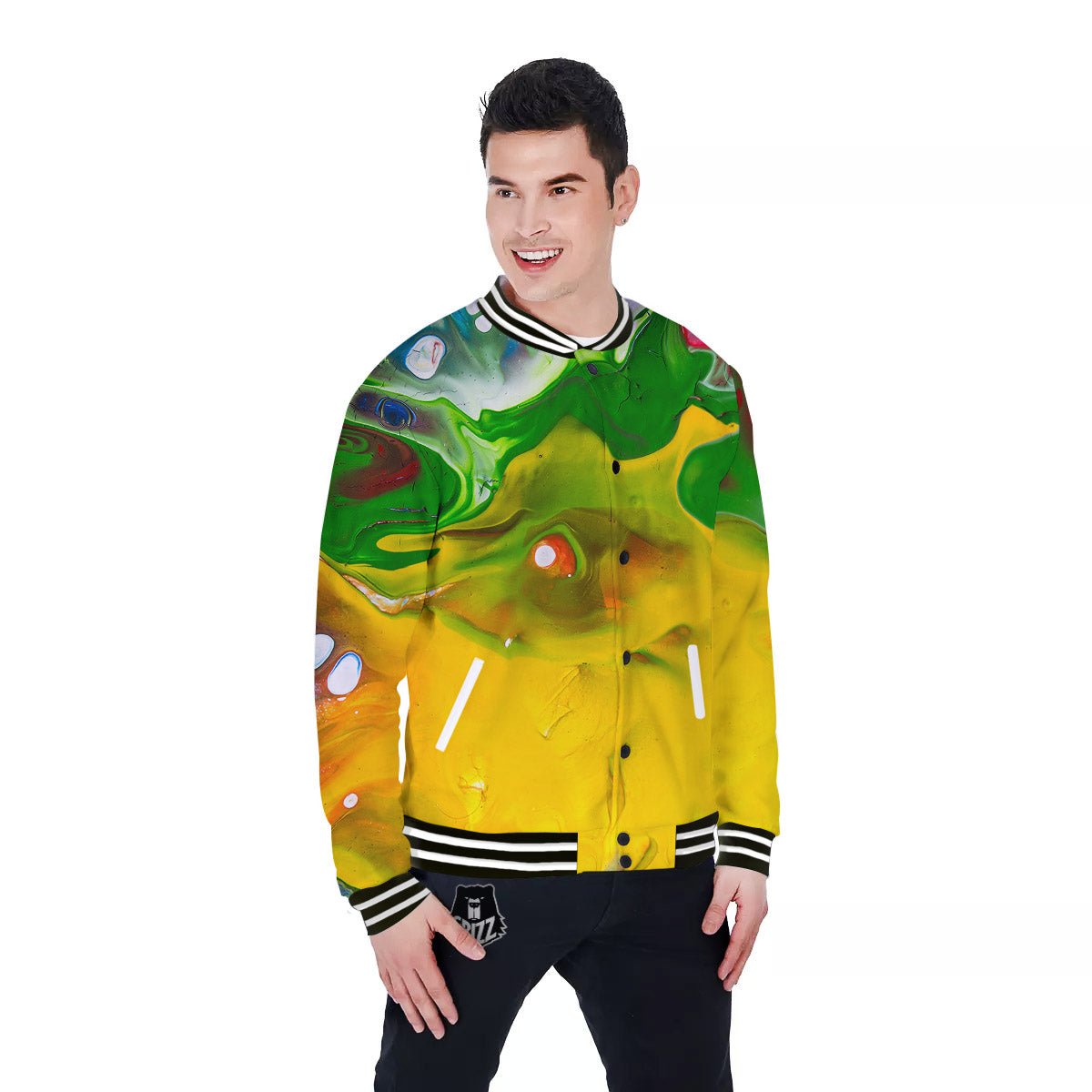Acid Melt Yellow And Green Print Baseball Jacket-grizzshop