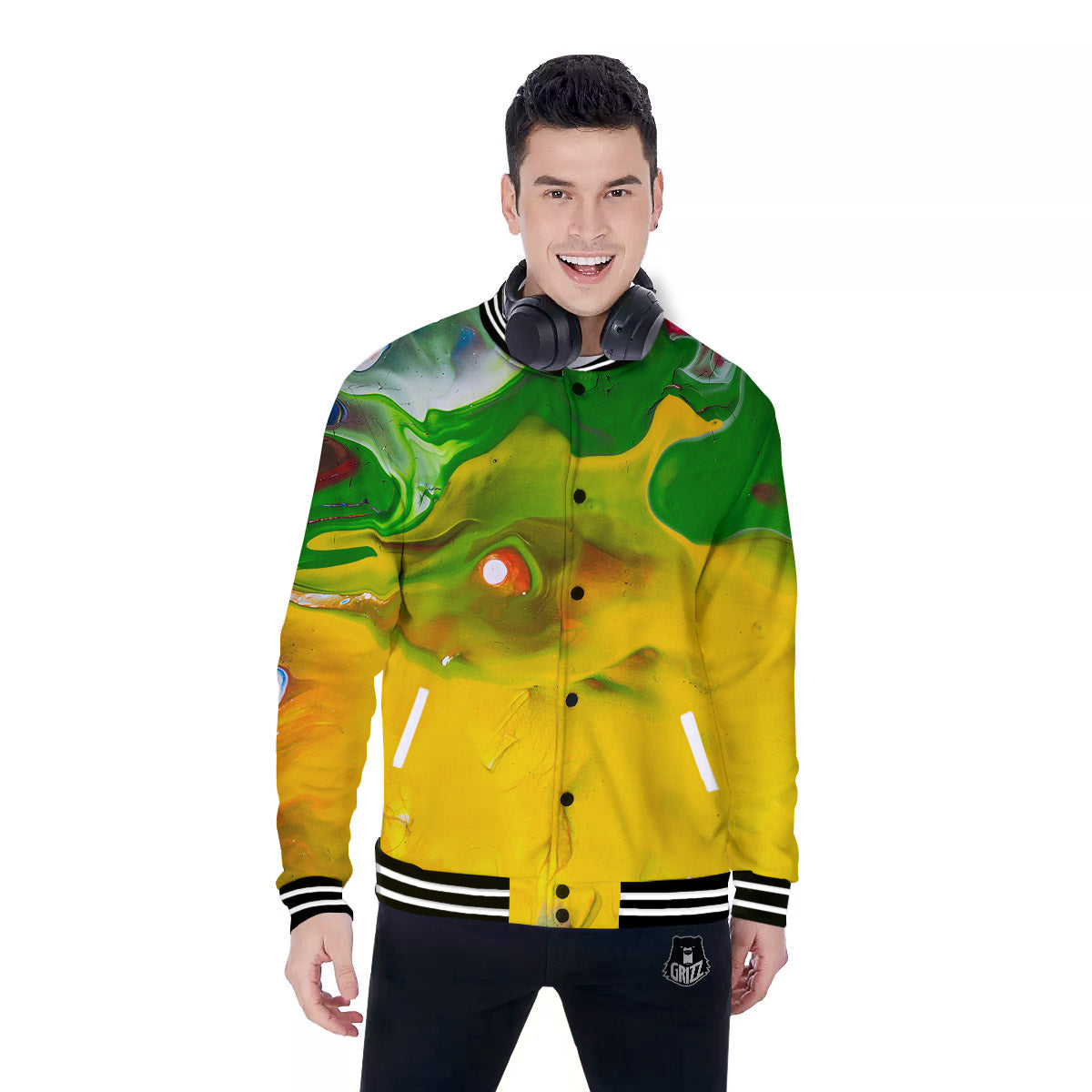 Acid Melt Yellow And Green Print Baseball Jacket-grizzshop