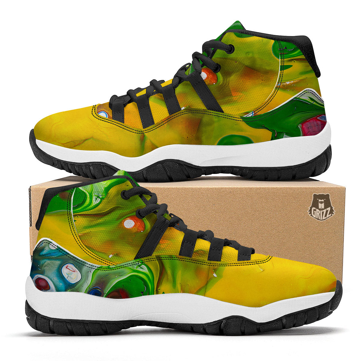 Acid Melt Yellow And Green Print Black Bball Shoes-grizzshop