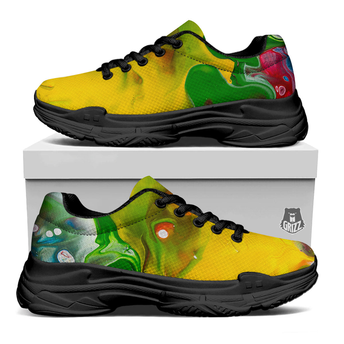Acid Melt Yellow And Green Print Black Chunky Shoes-grizzshop