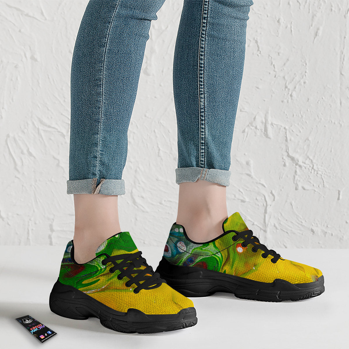 Acid Melt Yellow And Green Print Black Chunky Shoes-grizzshop