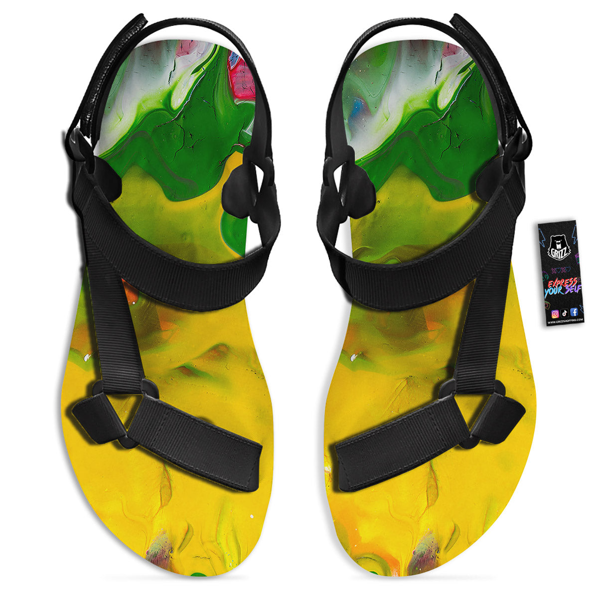 Acid Melt Yellow And Green Print Black Open Toe Sandals-grizzshop