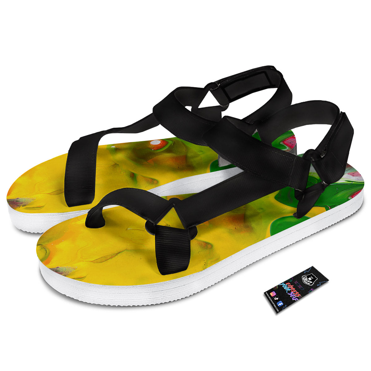 Acid Melt Yellow And Green Print Black Open Toe Sandals-grizzshop