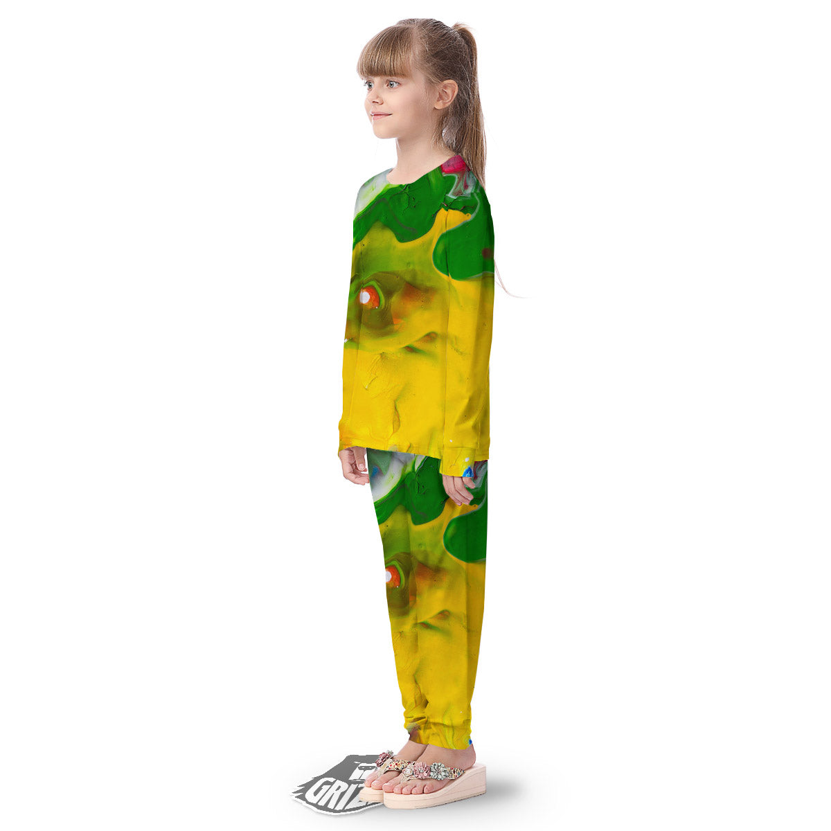 Acid Melt Yellow And Green Print Kid's Pajamas-grizzshop
