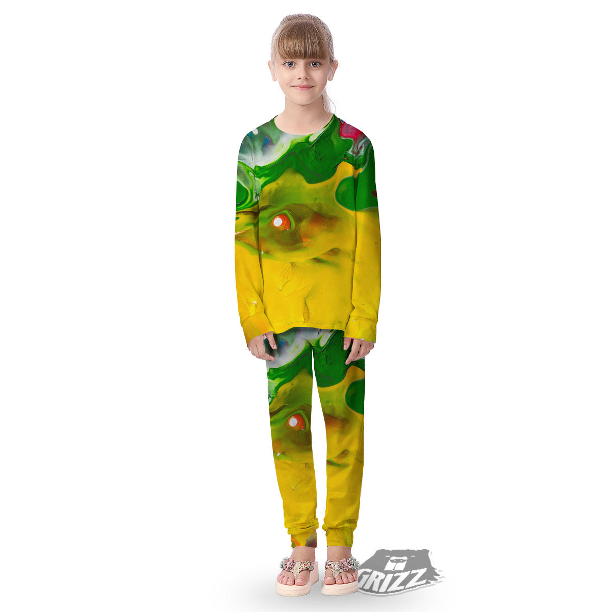 Acid Melt Yellow And Green Print Kid's Pajamas-grizzshop