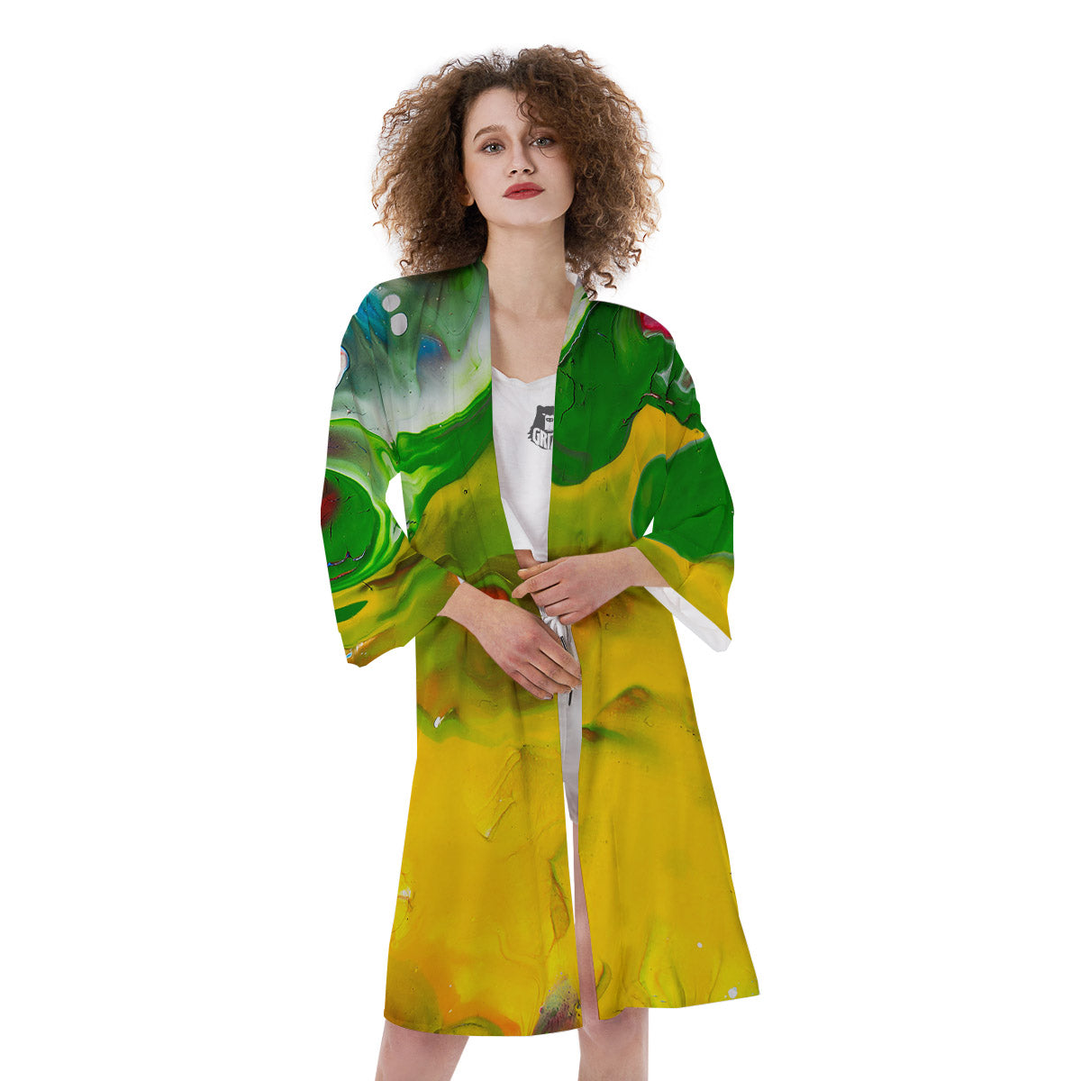 Acid Melt Yellow And Green Print Kimono-grizzshop