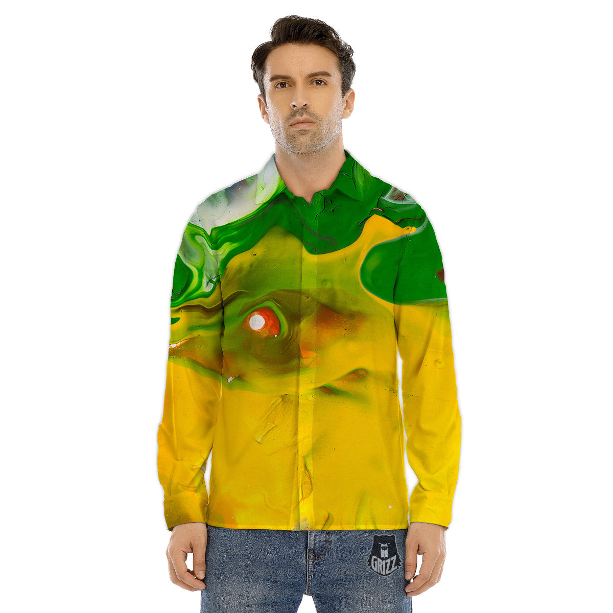 Acid Melt Yellow And Green Print Men's Dress Shirts-grizzshop