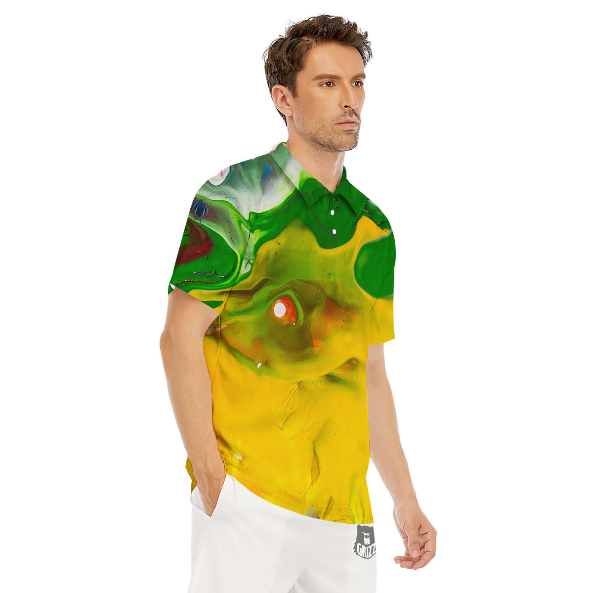 Acid Melt Yellow And Green Print Men's Golf Shirts-grizzshop