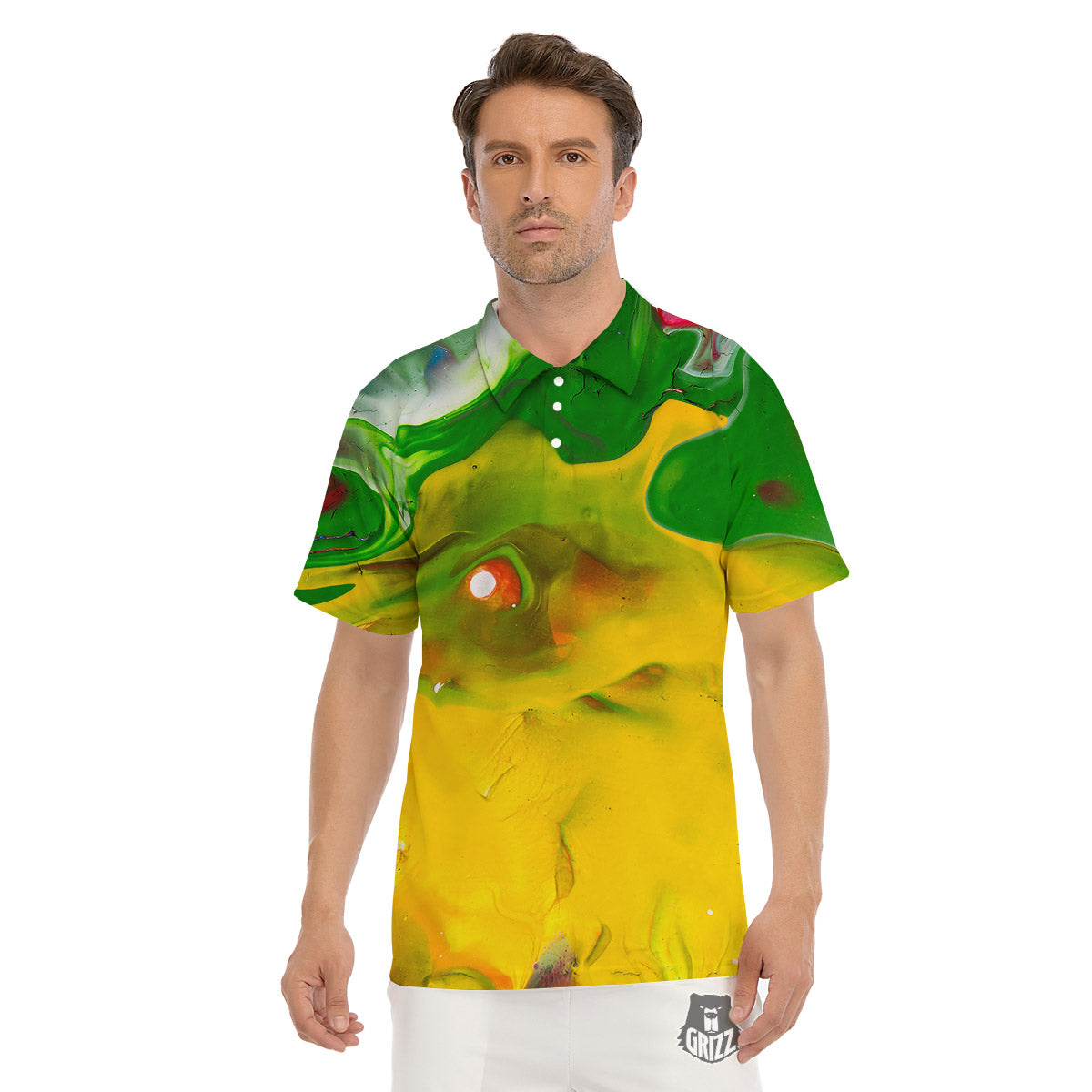 Acid Melt Yellow And Green Print Men's Golf Shirts-grizzshop