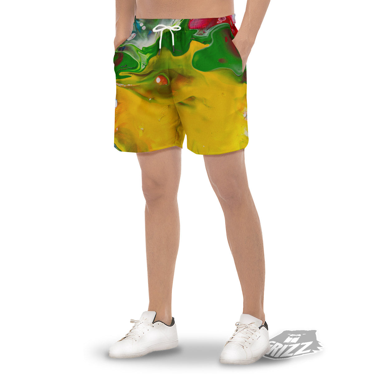 Acid Melt Yellow And Green Print Men's Gym Shorts-grizzshop