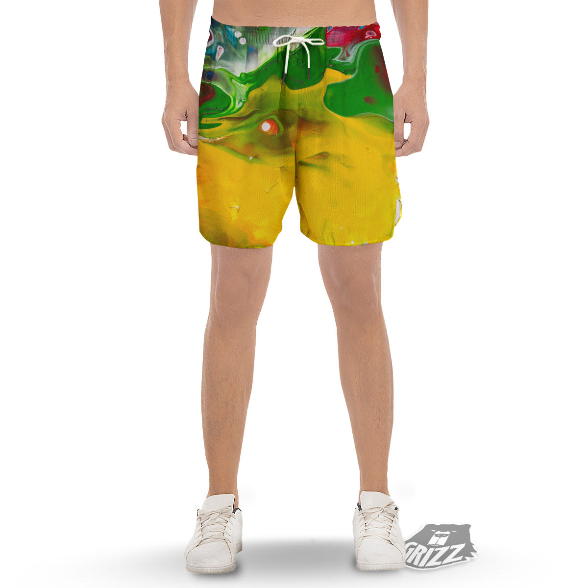 Acid Melt Yellow And Green Print Men's Gym Shorts-grizzshop