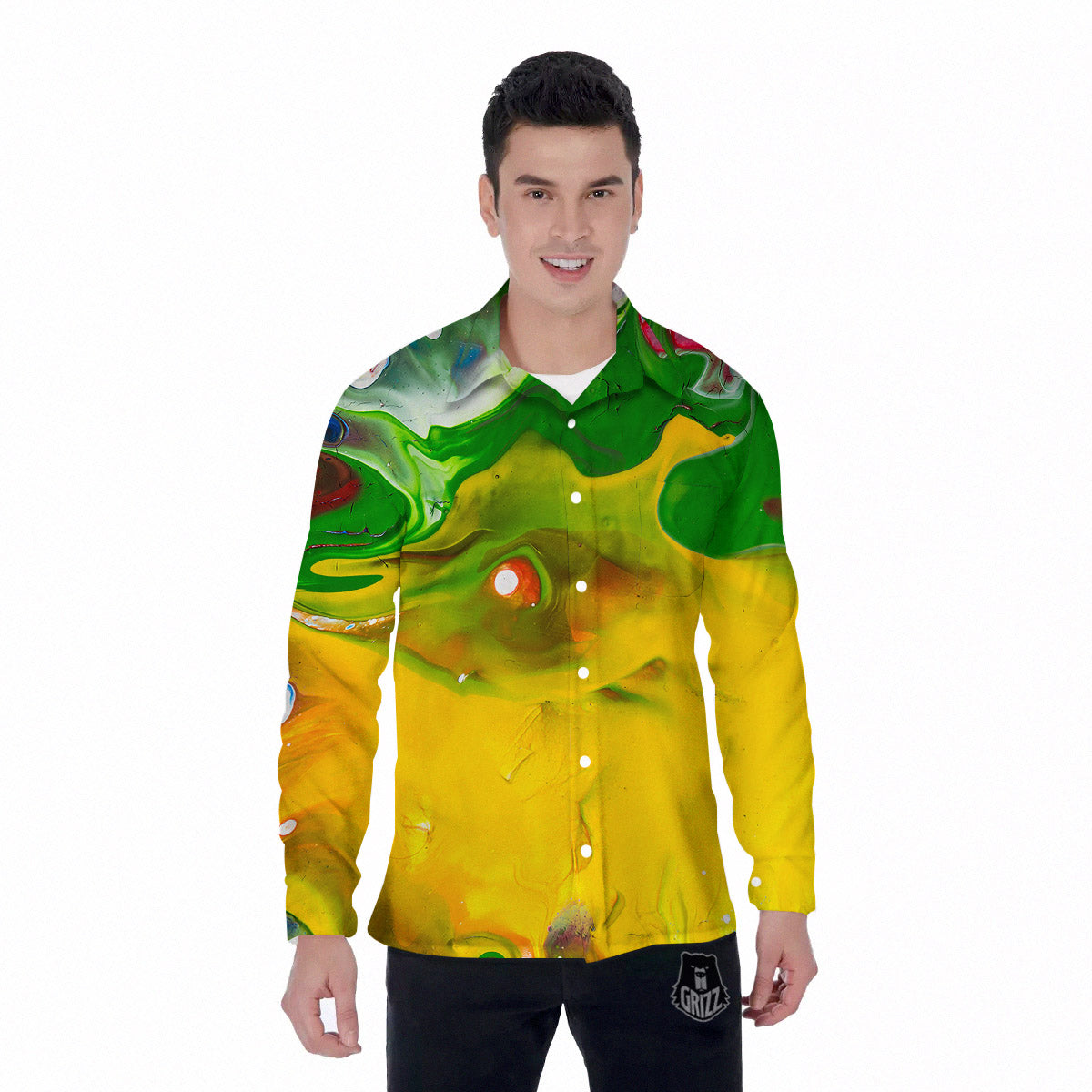 Acid Melt Yellow And Green Print Men's Long Sleeve Shirts-grizzshop