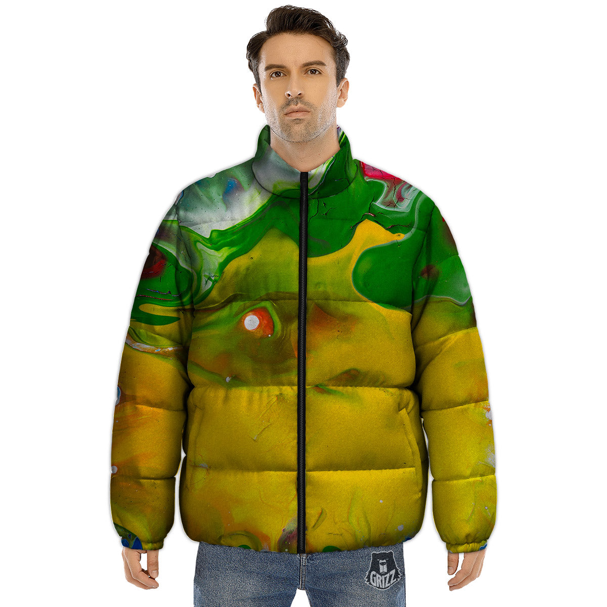 Acid Melt Yellow And Green Print Puffer Jacket-grizzshop