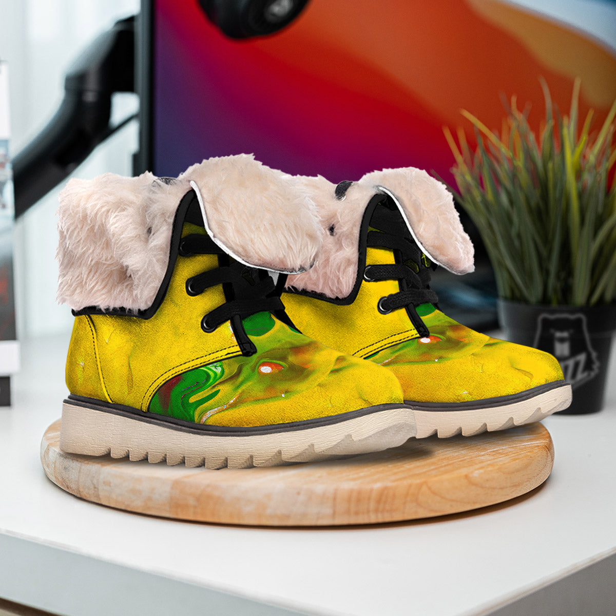 Acid Melt Yellow And Green Print Snow Boots-grizzshop