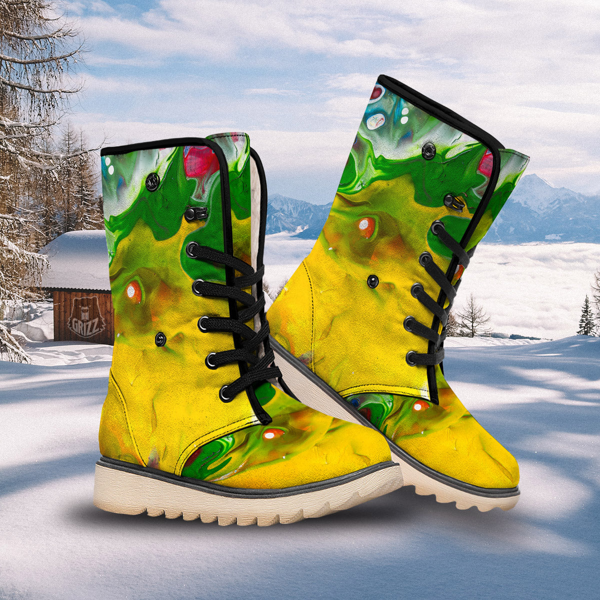 Acid Melt Yellow And Green Print Snow Boots-grizzshop