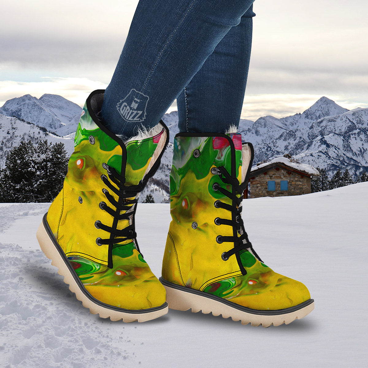 Acid Melt Yellow And Green Print Snow Boots-grizzshop