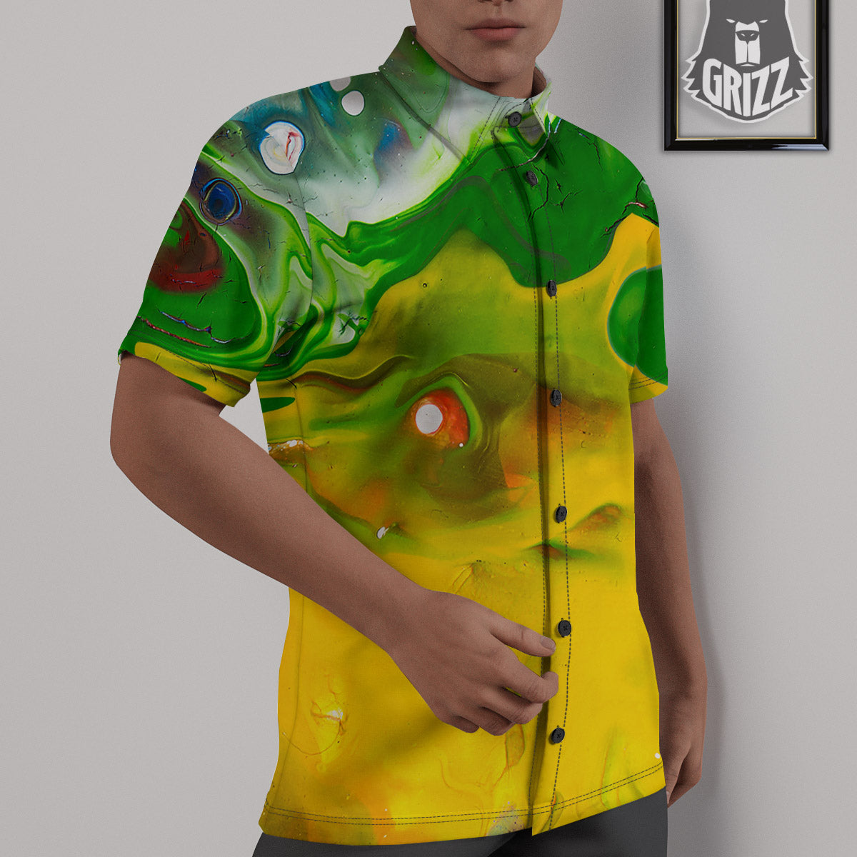 Acid Melt Yellow And Green Print Untucked Shirts-grizzshop