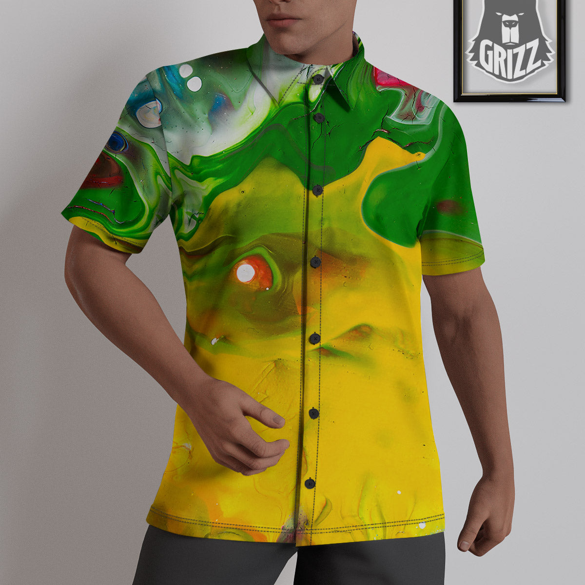 Acid Melt Yellow And Green Print Untucked Shirts-grizzshop