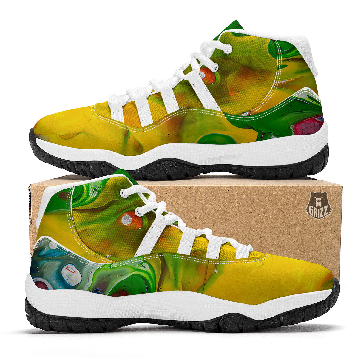 Acid Melt Yellow And Green Print White Bball Shoes-grizzshop