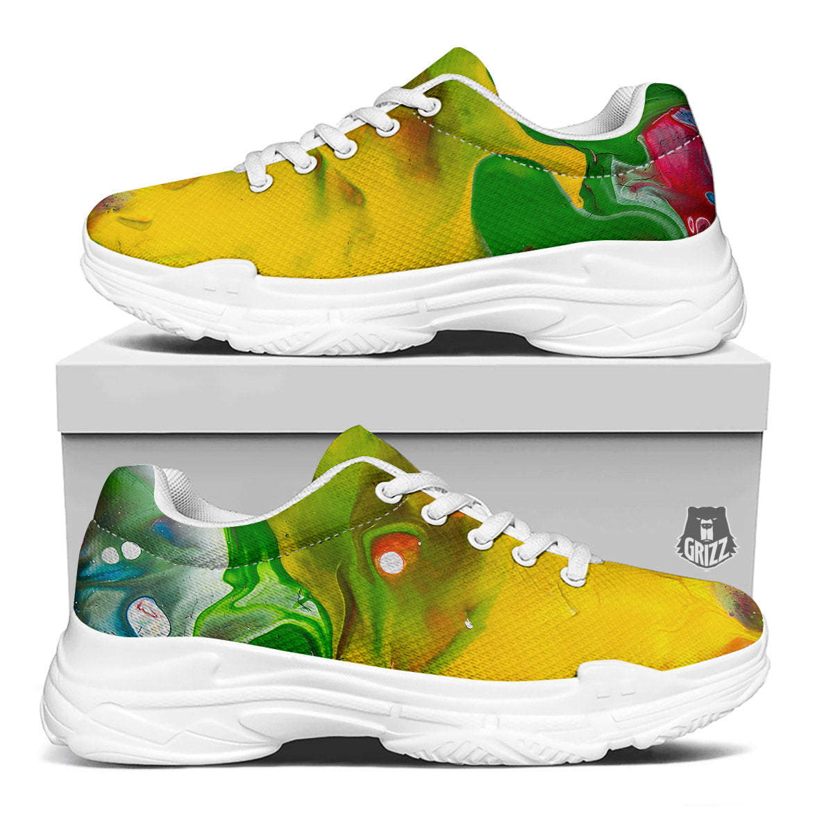 Acid Melt Yellow And Green Print White Chunky Shoes-grizzshop